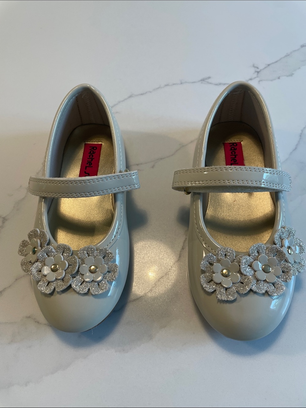 Rachel Little Girls Cream Patent Mary Janes with Sparkle Flower Trim